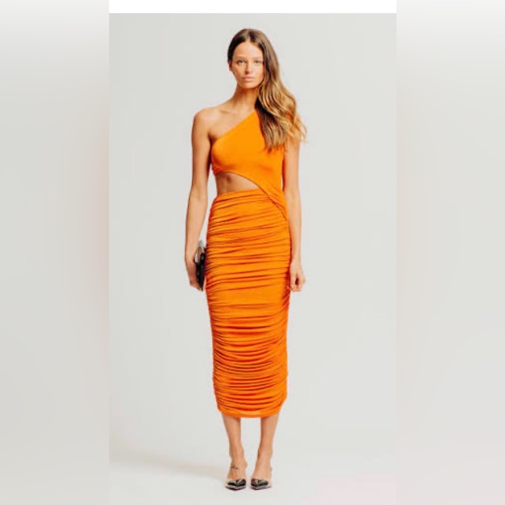 Ronny Kobo One-Shoulder Orange Ruched Dress size small